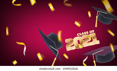 Class of 2021. Flying confetti and graduation caps. 3d style red banner with copy space