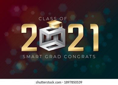 Class of 2021 Glossy Gold Numerals Logo with Irrational Cube Impossible Figure and Smart Grads Congrats Lettering - Golden on Luminous Hexagons Background - Vector Gradient Graphic Design
