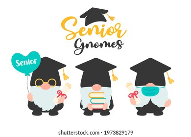 Class of 2021. Gnomes holding a senior graduation diploma. isolate on white background.