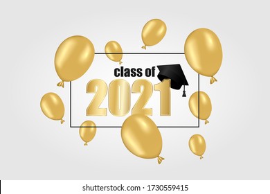 Class of 2021. Gold frame and number with thrown up black education academic cap and golden balloon. Template for graduation design Vector illustration.