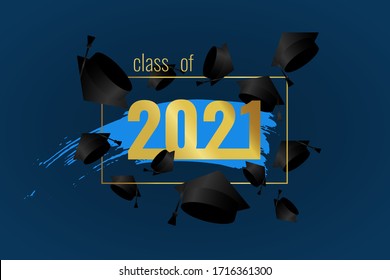 Class of 2021. Gold number with thrown up black education academic cap on blue background. Template for graduation design, high school, college congratulation graduate, yearbook. Vector illustration