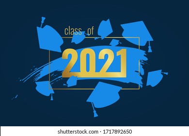 Class of 2021. Gold number with thrown up blue education academic cap on dark background. Template for graduation design, high school, college congratulation graduate, yearbook. Vector illustration