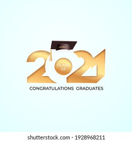 Class of 2021 and graduates with a graduation cap. Vector for design and theme design. Vector illustration with golden and labels isolated on white background.