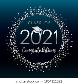 Class Of 2021 Graduates, Silver Glitter Confetti On Dark Blue Label  Background. Vector Illustration Congratulation Graduation 2021 Year In Academic Cap On Navy-blue Badge