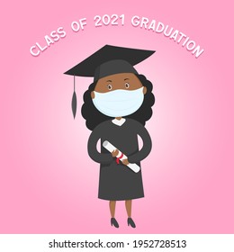 Class of 2021 graduation. African student girl in mask hold diploma. Vector illustration.