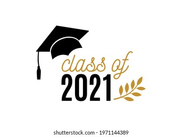 Class of 2021 graduation badge concept with hat, laurel, numbers on white background. Vector template for an invitation, banner, poster, postcard, shirt, print, seal, stamp, greeting card.