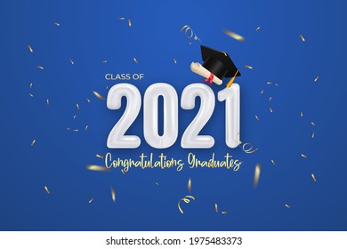 Class of 2021 graduation banner with Balloon number, confetti, diploma and cap graduation.