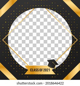 class of 2021 graduation banner design with golden luxury halftone backdrop decorations