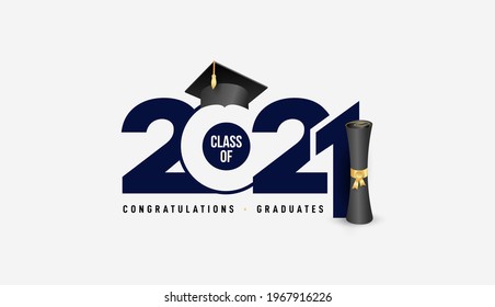 Class Of 2021 With Graduation Cap And Black Calligraphy. Congrats Graduation, Blue Color Lettering. Template For Design Party High School Or College, Graduation Invitations. Vector Illustration.