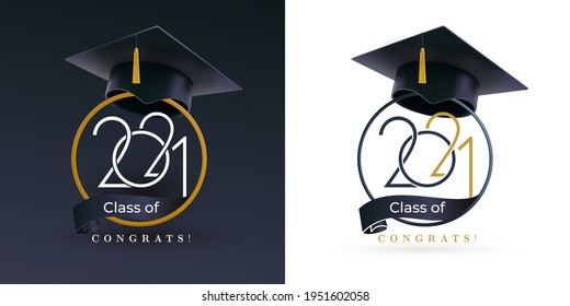 Class Of 2021 With Graduation Cap. Congratulations On Graduation With The Inscription Graduate. Set Of Flat Simple Design. Vector Illustration. Isolated On Black And White Background.