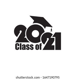 Class Of 2021 With Graduation Cap. Flat Simple Design On White Background