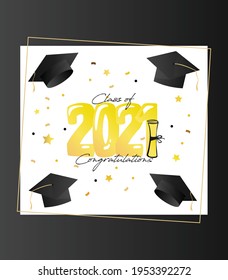 Class of 2021 graduation cap and straw and congratulations graduation calligraphy lettering template for graduation party invitations golden details