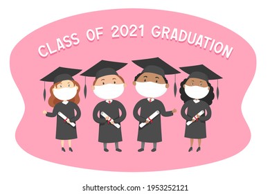 Class of 2021 graduation. Cartoon style. Vector illustration.