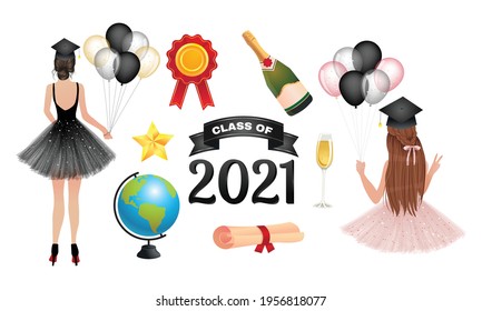 Class of 2021 graduation clip art collection. Pretty girl celebrating graduation. 