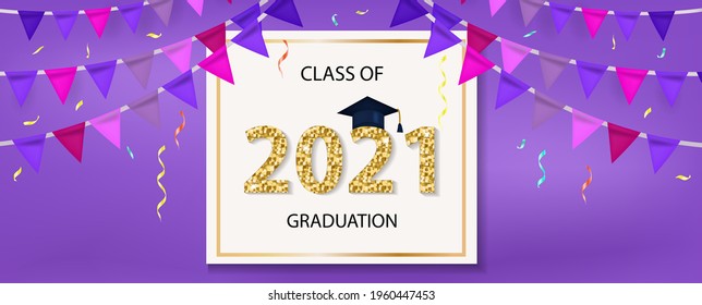 Class of 2021 graduation congratulation template for your design with graduation hat and shiny numbers. Vector illustration