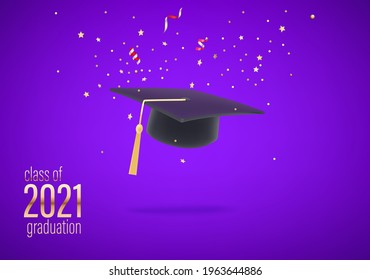 Class of 2021 graduation. Flying confetti and graduation cap