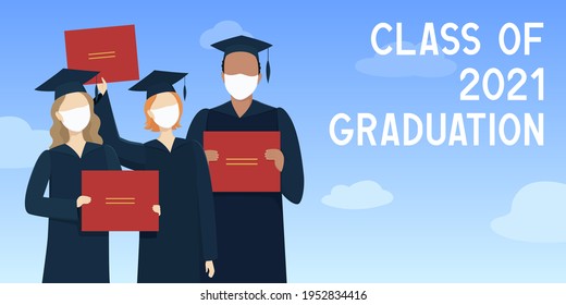 Class of 2021 graduation. Graduate students in protective masks. Poster. Vector illustration.