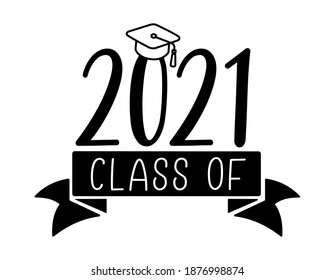 KLASSE 2021. Bildungs-Logo mit Deckel für High School, College-Absolvent. Vorlage für Graduierung Design, Party. Handgezeichnete Schriftart für die Jahrbuchklasse 2021. Vektorgrafik.