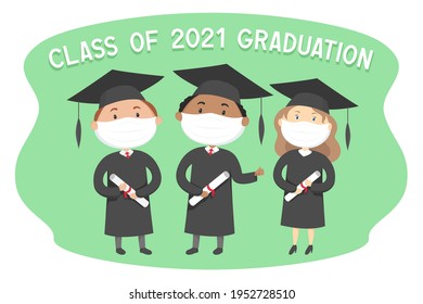 Class of 2021 graduation. Poster in cartoon style. Vector illustration.