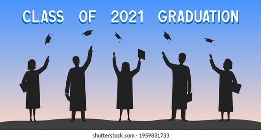 Class of 2021 graduation. Students throw mortarboards. Vector illustration.