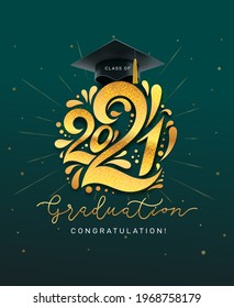Class of 2021. Graduation vector banner with gold numbers, graduate academic cap and golden glitter. Concept design for graduation. Congratulation card with lettering. Isolated on green background.