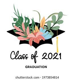 Class of 2021 handwriting with  graduation cap and flower and plant . Template for graduation design.isolated on white background ,Vector illustration EPS 10