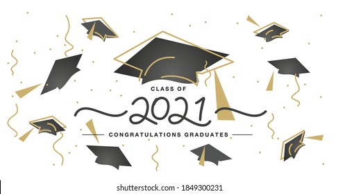 Class of 2021 handwritten typography lettering Congratulations graduates line design gold black cap white isolated background vector