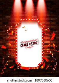 Class of 2021 holiday. Template for graduation design frame, high school, college congratulation graduate. Vector illustration