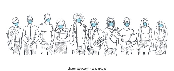 Classe de 2021, desenho linear. Jovens estudantes de diferentes nações usando máscara. Alunos felizes com mochilas e livros. Ilustração vetorial em fundo branco, isolada.