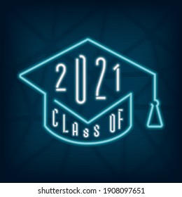 Class of 2021 Logo with Neon Sign Style Square Academic Graduation Cap Combined with Numerals and Lettering - Turquoise on Dark Background - Vector Gradient Graphic Design