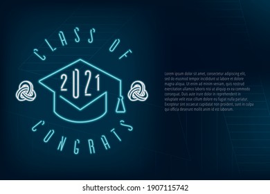 Class of 2021 Neon Sign Style Square Academic Graduation Cap Combined with Single Line Numerals Logo Lettering - Turquoise on Dark Background - Vector Gradient Graphic Design
