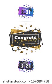 Class of 2021. Number with color education academic cap on abstract grahic shape. Template for graduation design frame, high school or college congratulation graduate, yearbook. Vector illustration.