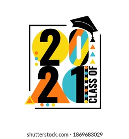 Clase de 2021. Número 2021 con forma geométrica, sombrero académico educativo. Plantilla para el marco de diseño de graduación, graduado de educación secundaria o universitaria, anuario. Ilustración vectorial.