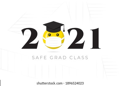Class of 2021 Numerals Logo and Safe Graduation Lettering with Halftone Style Smiling Face Protected with Medical Mask - Yellow and Black on White Background - Vector Mixed Graphic Design
