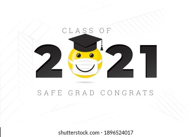 Class of 2021 Numerals Logo with Smiling Face Protected with Medical Mask and Safe Graduation Congratulations Lettering - Yellow and Black on White Background - Vector Mixed Graphic Design