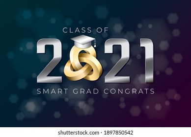 Class of 2021 Silver Metallic Numerals Logo with Triple Mobius Loop Impossible Figure and Smart Grads Congrats Lettering - Chrome on Luminous Hexagons Background - Vector Gradient Graphic Design