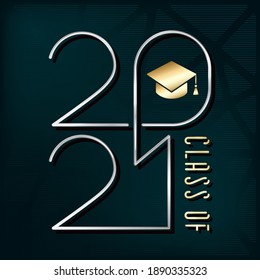 Class of 2021 Silver Metallic Style Single Line Numerals Logo with Flat Square Academic Graduation Cap Sign and Lettering - Chrome and Gold on Black Background - Vector Gradient Graphic Design