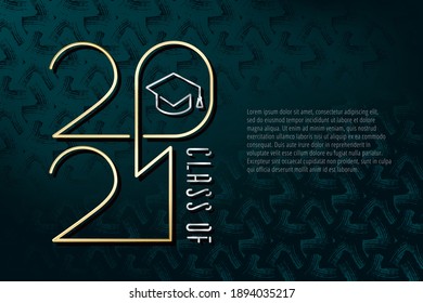 Class Of 2021 Single Line Numerals Glossy Gold Style Logo With Square Academic Graduation Cap Sign And Lettering - Silver And Golden On Dark Background - Vector Gradient Graphic Design