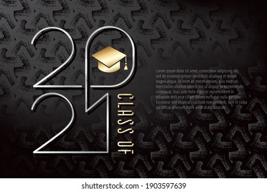 Class Of 2021 Single Line Numerals Silver Metallic Style Logo With Square Academic Graduation Cap Sign And Lettering - Silver And Golden On Dark Background - Vector Gradient Graphic Design