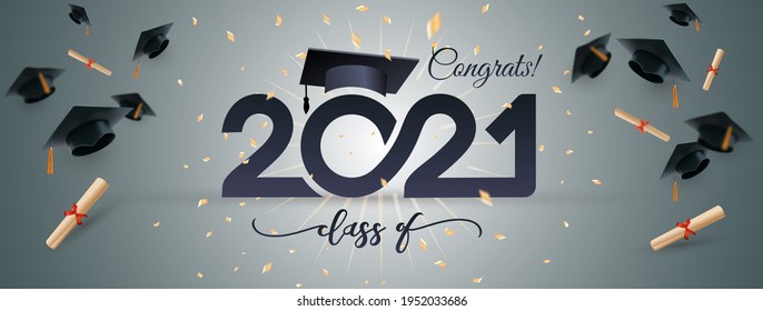 Class of 2021 typography lettering. Poster with golden glitter confetti. Congratulations graduates line design gold black cap white isolated background banner.