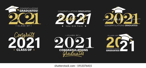 Class of 2021 vector badges set. Congrats graduates concept. Black, gold and white graduation logo collection. Stock vector for shirts, prints, cards, invitations, seal or stamp.