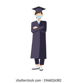 Class of 2021 vector illustration, pandemic graduation illustration, student wearing mask while graduate illustration