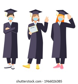 Class of 2021 vector illustration, pandemic graduation illustration, student wearing mask while graduate illustration