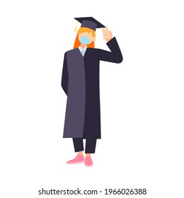 Class of 2021 vector illustration, pandemic graduation illustration, student wearing mask while graduate illustration