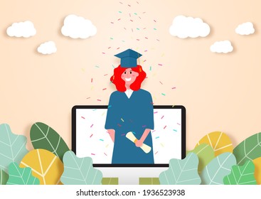 Class of 2021 Virtual  graduation ceremony concept.Student receive diploma.