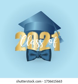 Klasse der Wallpaper 2021. Goldene Zahl und geworfen akademische Mütze und Männer beugen sich auf blauem Hintergrund. Vorlage für das Design der Prom-Graduierung. Vector-Abbildung.