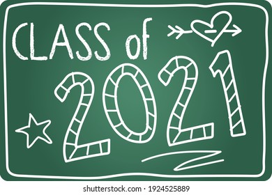 Class of 2021 written in chalk with doodles on chalkboard