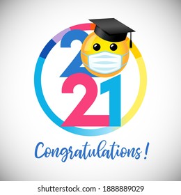Class of 2021 year graduating banner, awards concept. Creative funny 3D sign, lock down happy holiday invitation poster. Isolated abstract graphic design template. Round symbol. White color background