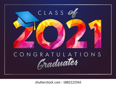 Class of 2021 year graduation banner, awards concept. T-shirt idea, holiday red coloured invitation card, calligraphy. Isolated digits, abstract graphic design template. Brush strokes, dark background