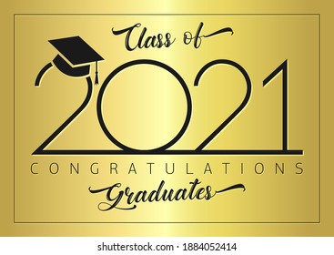 Class of 2021 year graduation banner, awards badge concept. Shiny backdrop, happy holiday invitation card, golden ball. Isolated abstract graphic design template. Greeting text, round frame black sign